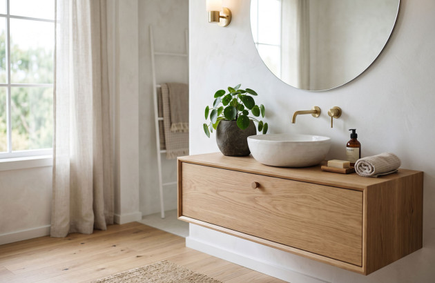 Meuble suspendu en bois clair pour petite salle de bains moderne