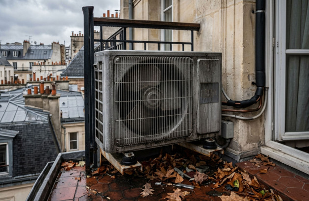 Unité extérieure de climatisation réversible installée sur un balcon urbain par temps humide.