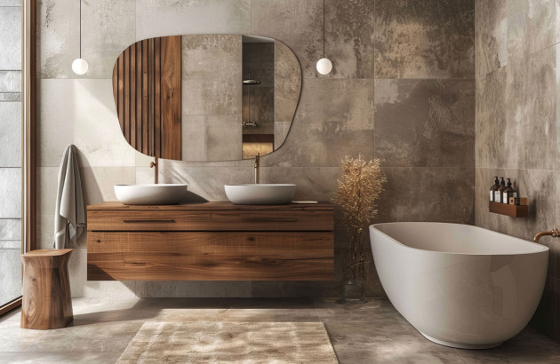 Grande salle de bains avec carrelage beige texturé, baignoire îlot et grand miroir.
