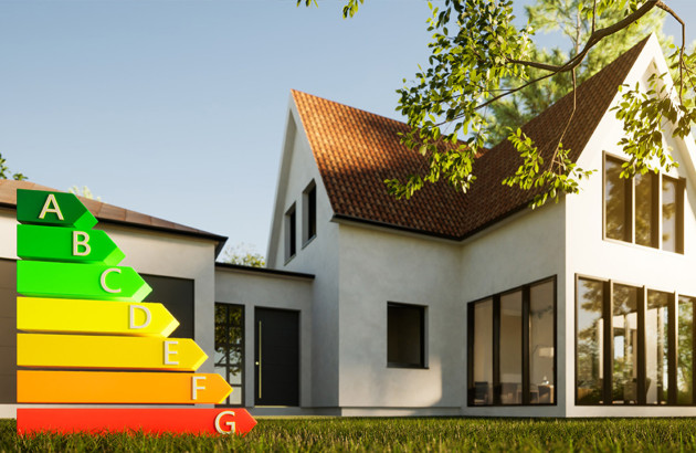 Diagramme de performance énergétique présenté devant une maison au chauffage solaire passif