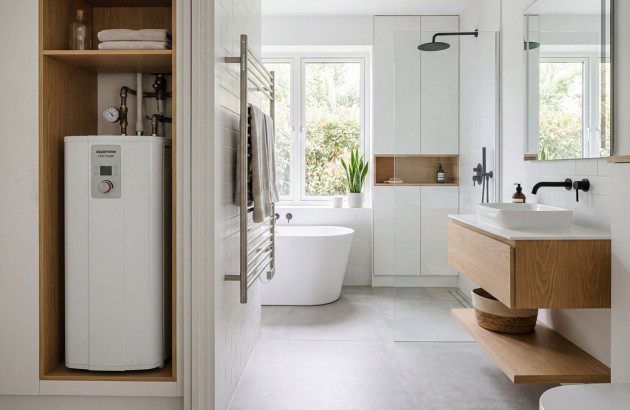 Salle de bains moderne avec meuble suspendu en bois et douche vitrée.