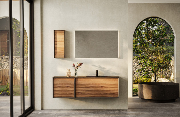 Salle de bains avec baignoire îlot et meuble en bois