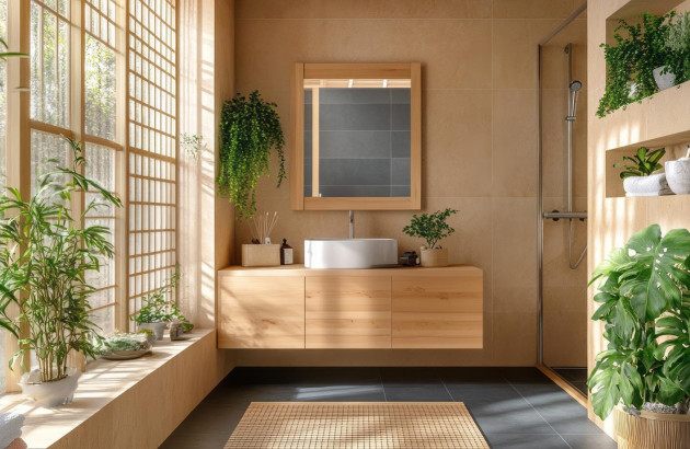 Salle de bains avec du mobilier en bois