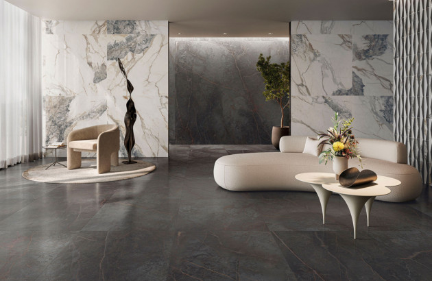 Salon luxueux équipé de carrelage marbre noir et blanc