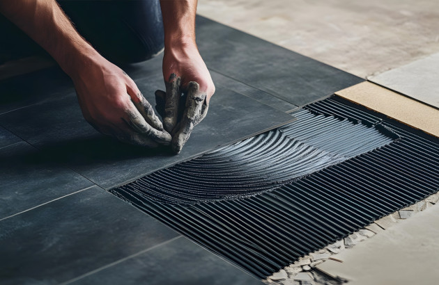 Homme qui applique de la résine pour réparer un carrelage noir