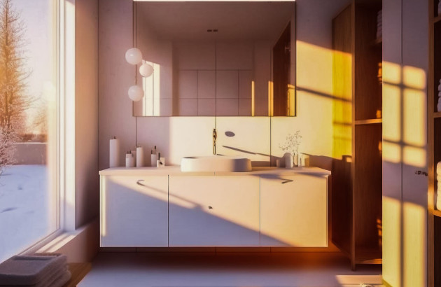 Salle de bains bien rangée avec de nombreux meubles pratiques