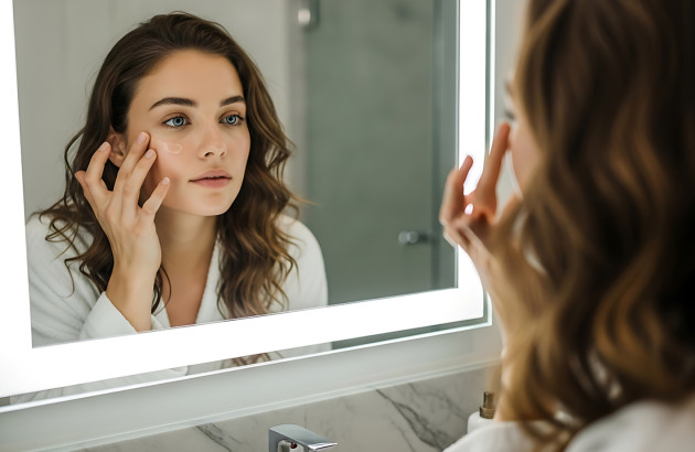 Femme qui se maquille en se regardant dans son miroir connecté