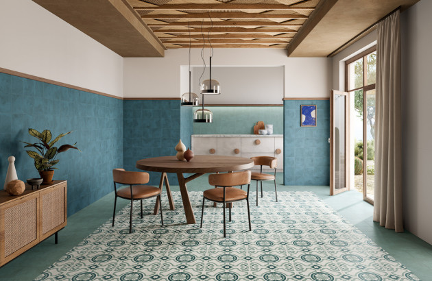 Mix carrelage graphique bleu, vert et carreaux de ciment à motifs