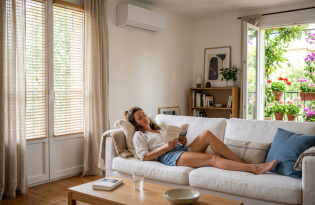 Femme se relaxant dans un salon lumineux équipé d’une climatisation monosplit murale.