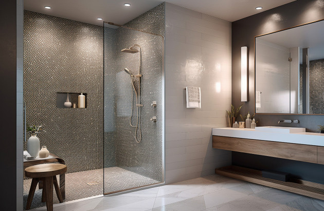 Salle de bains moderne avec douche à l'italienne et mosaïque sur les murs de la douche