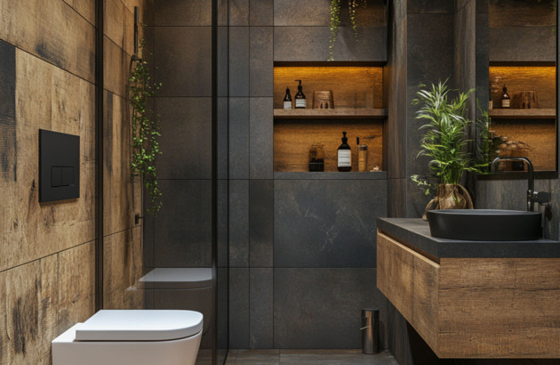 salle de bain moderne avec un mur d'accent en carrelage effet bois foncé et un mur en carrelage gris anthracite avec un toilette