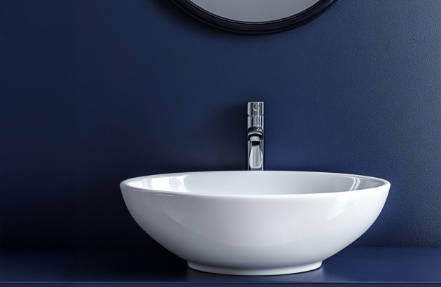 vasque blanche contemporaine et un robinet chromé placés devant un mur d'accent bleu foncé avec miroir