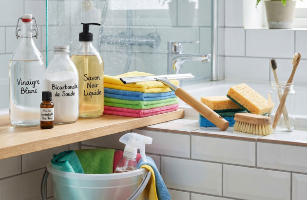 Produits naturels pour l’entretien de la salle de bains : vinaigre blanc, bicarbonate et savon noir.
