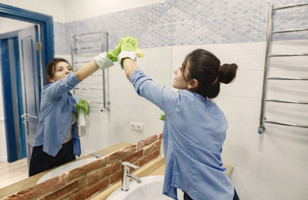 Entretien du miroir de salle de bains avec éponge et produit ménager.