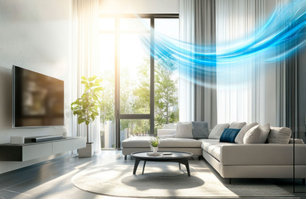 salon lumineux avec un flux d’air bleu évoquant une climatisation silencieuse