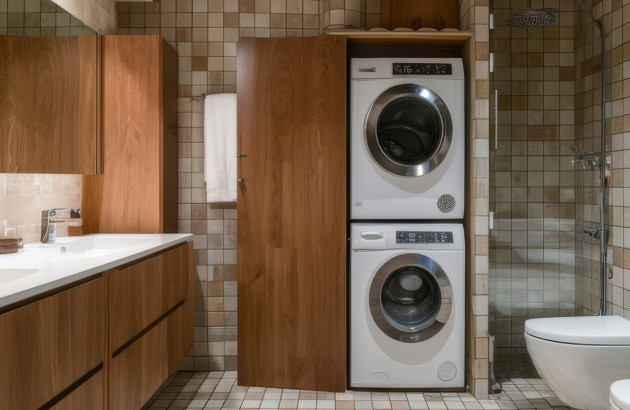 Buanderie dans une salle de bains avec machine à laver et sèche-linge superposés et meubles de rangement en bois