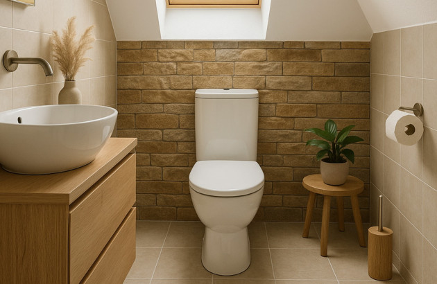 Petite salle de bains aménagée sous des combles, avec WC