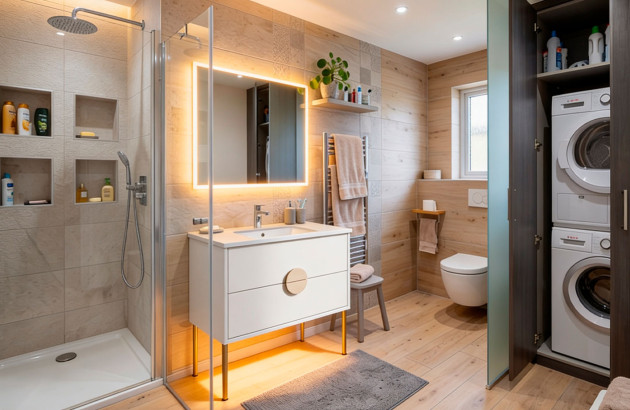 Salle de bains optimisée avec douche, meuble vasque lumineux et espace buanderie intégré dans une petite surface.
