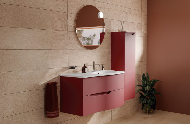 Ensemble de meuble de salle de bains couleur rouge bourgogne pour optimiser le rangement