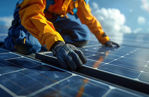 Technicien installant un panneau photovoltaïque avec équipement de sécurité sur toit.