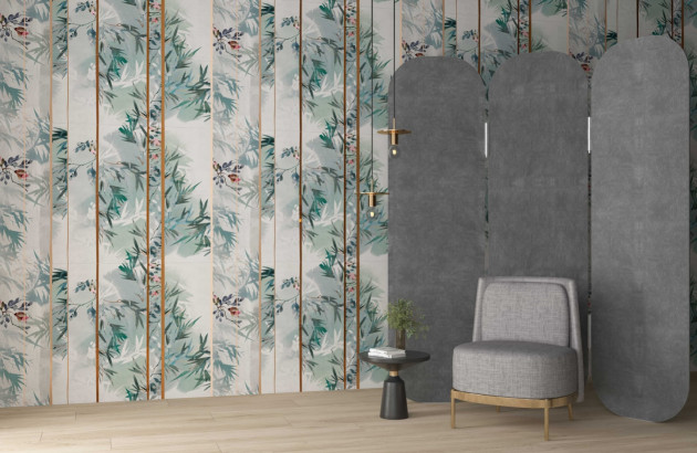 Carrelage effet papier peint mural posé dans un salon