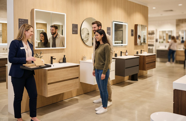 Couple découvrant des meubles de salle de bains dans un showroom spécialisé