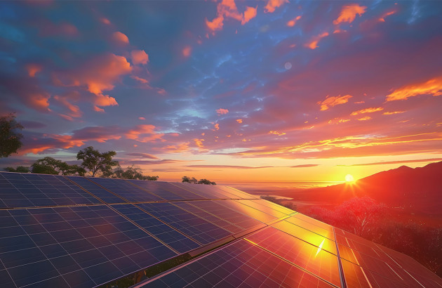 Couché de soleil qui reflète sur des panneaux solaires