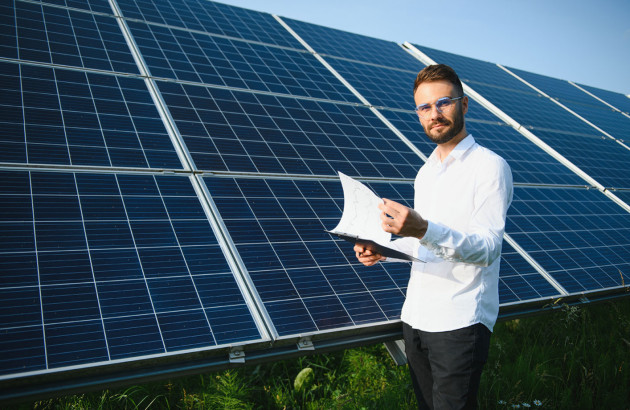 Homme tenant une feuille devant une installation de panneau solaire