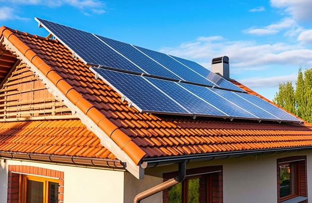 Panneaux solaires installés sur un toit en tuile romane