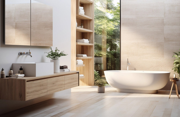 Salle de bains suspendu en bois avec vasque et baignoire îlot.