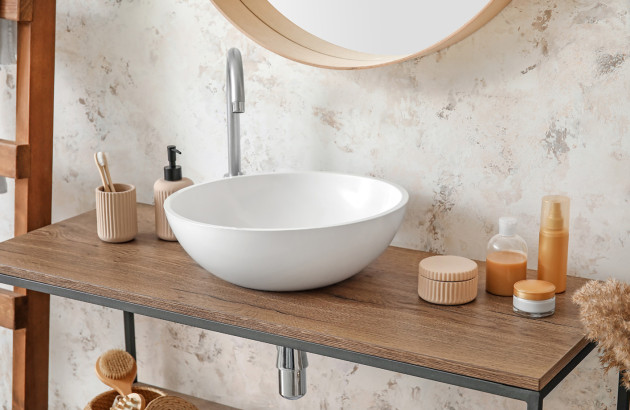 Meuble de salle de bains très fin en bois avec vasque