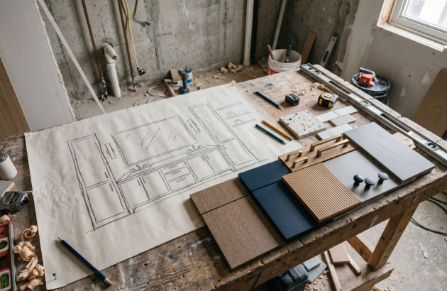 Table d'atelier avec un plan de salle de bain pour concevoir l'agencement