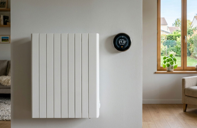 Radiateur électrique blanc associé à un thermostat connecté pour régler la température du logement.