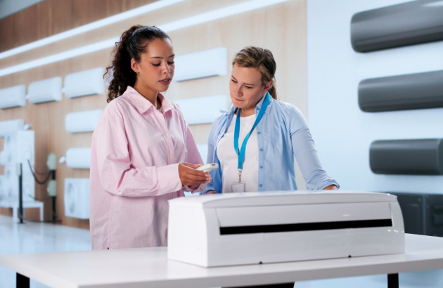 Conseillère réalisant un diagnostic énergétique à domicile pour choix de pompe à chaleur adaptée.