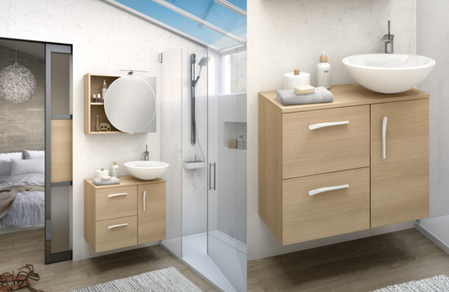 Petite salle de bain avec vasque et meuble en bois