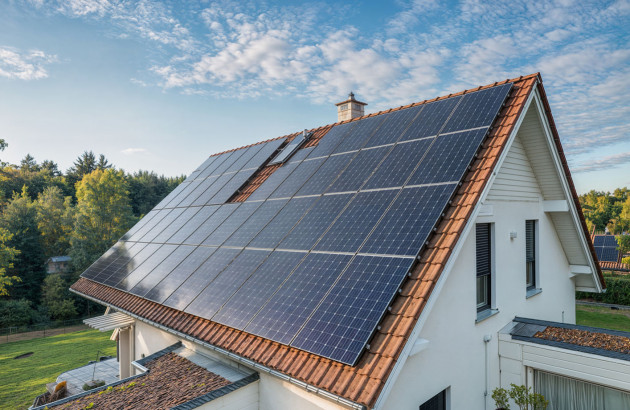 Maison équipée de nombreux panneaux solaires photovoltaïques sur les deux pans de sa toiture.