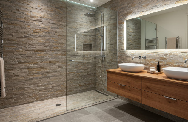 Salle de bains avec douche a l'italienne et pierre naturelle
