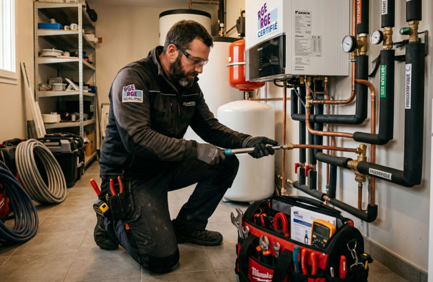 Artisan RGE intervenant sur une installation de pompe à chaleur et réseau de chauffage hydraulique.