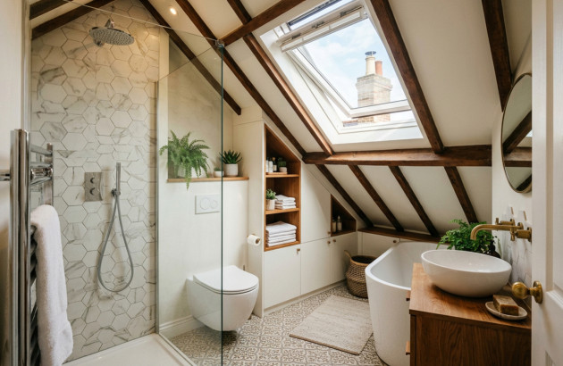 Salle de bains sous combles optimisée avec douche et baignoire