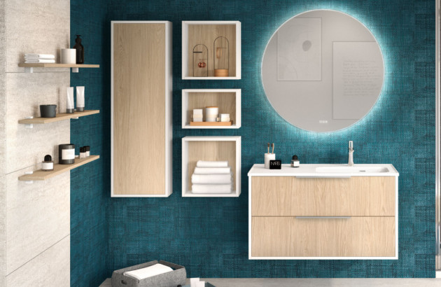 Meuble de salle de bains suspendu avec colonnes de rangement et miroir rond lumineux