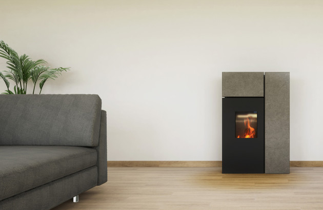 Poele à granulé design sans électricité dans un salon