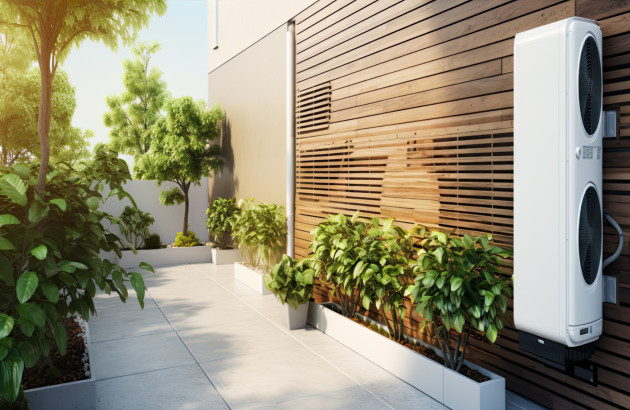 Pompe à chaleur verticale et moderne placé dans le jardin d'une maison