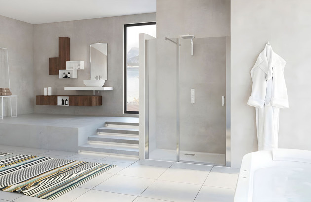 Salle de bains ouverte avec une porte de douche en aluminium et en verre