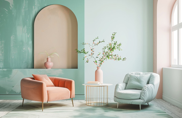 Salon cozy avec du mobilier et du carrelage couleur pastel