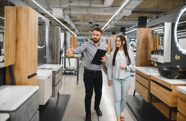Vendeur accompagnant une cliente dans un showroom, présentation de meubles de salle de bains.