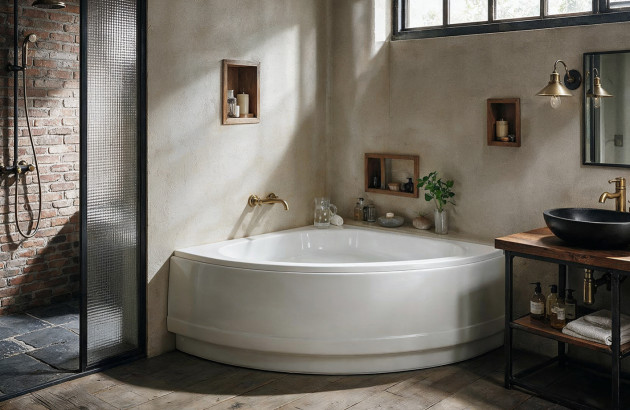 Baignoire d’angle dans une salle de bains industrielle.