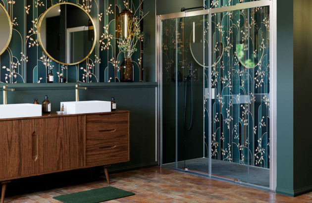 Salle de bains au style Art déco avec papier peint végétal, meuble en bois foncé et douche à l’italienne contemporaine.