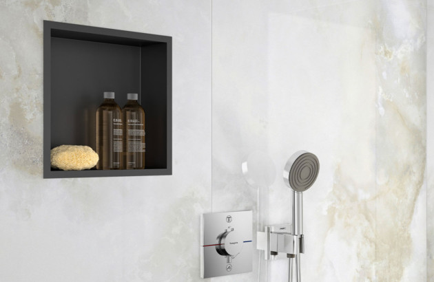 Niche murale noire dans une douche de salle de bains