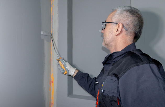 Homme qui repeint le mur intérieur d'une maison