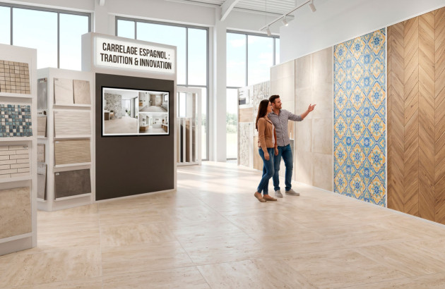 Couple découvrant différents modèles de carrelage espagnol dans un showroom spécialisé.